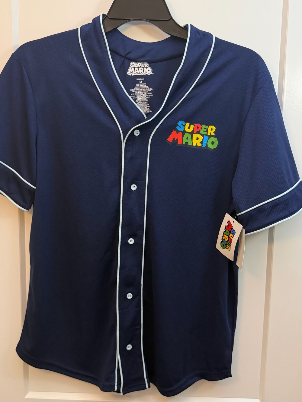 M Super Mario Navy Baseball Jersey with Colorful Chest Logo